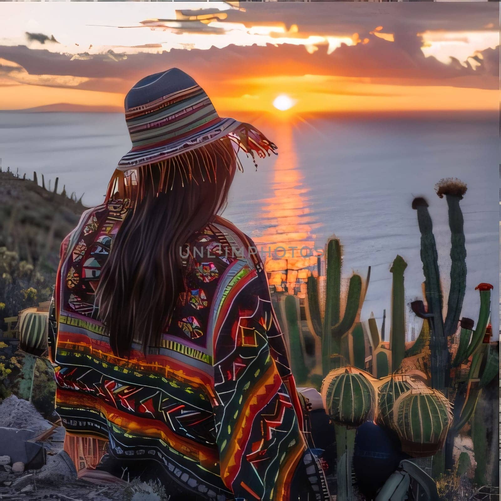 Plant called Cactus: A woman in a Mexican poncho and a hat looks at the sunset.
