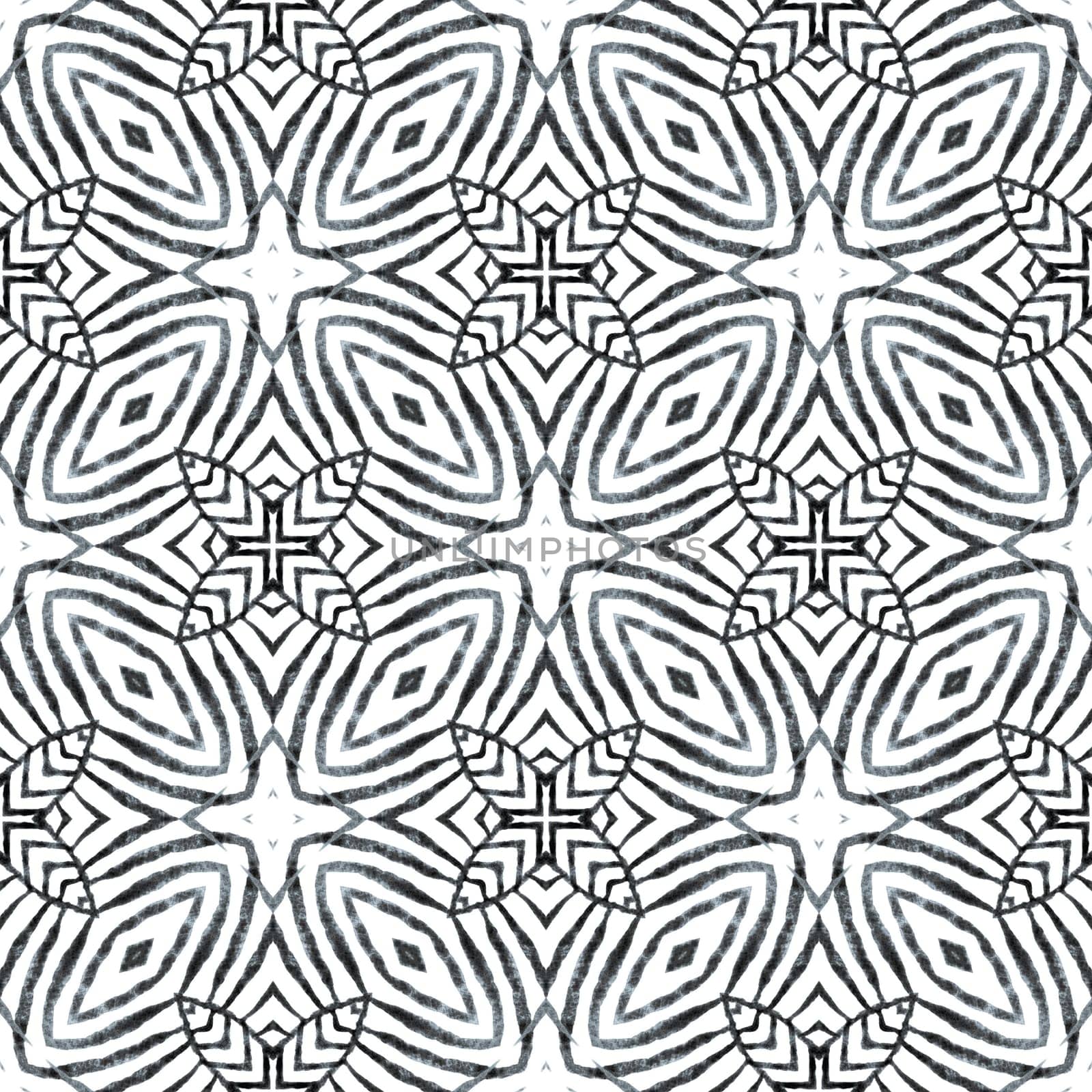 Textile ready good-looking print, swimwear fabric, wallpaper, wrapping. Black and white tempting boho chic summer design. Arabesque hand drawn design. Oriental arabesque hand drawn border.