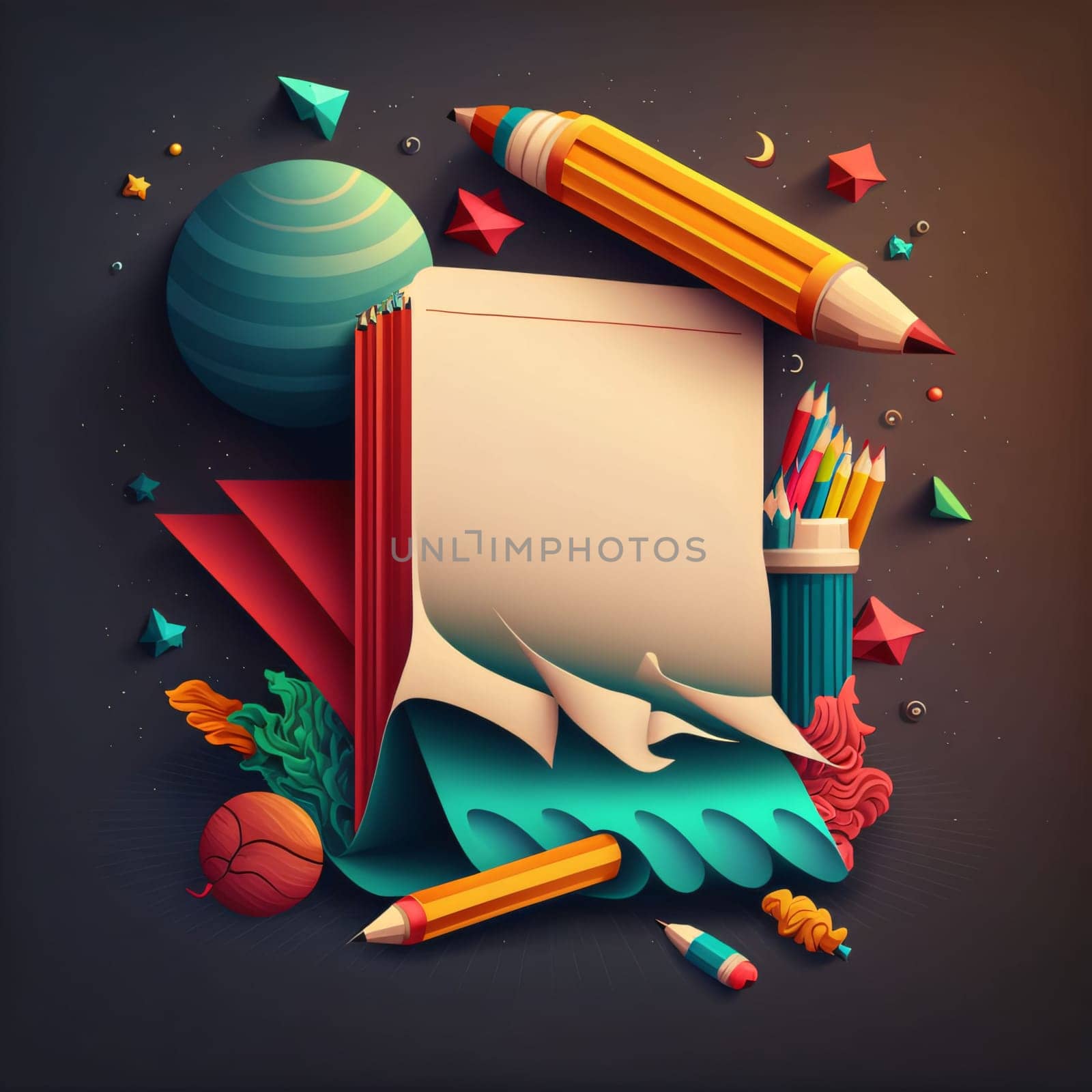 A white blank sheet of paper with space for your own content as an image. Illustration around pencils. Dark background. Graphic with space for your own content.