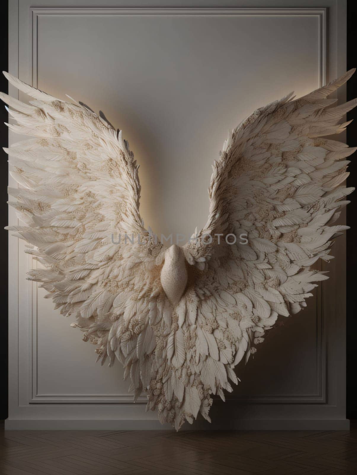 Bright angel wings on bright stucco. Graphic with space for your own content.