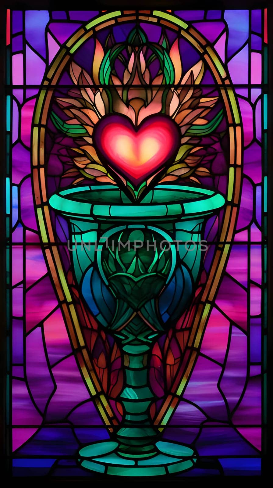 Logo concept: A beautifully crafted stained glass depiction of a church chalice intertwined with a heart, symbolizing the union of faith and love.