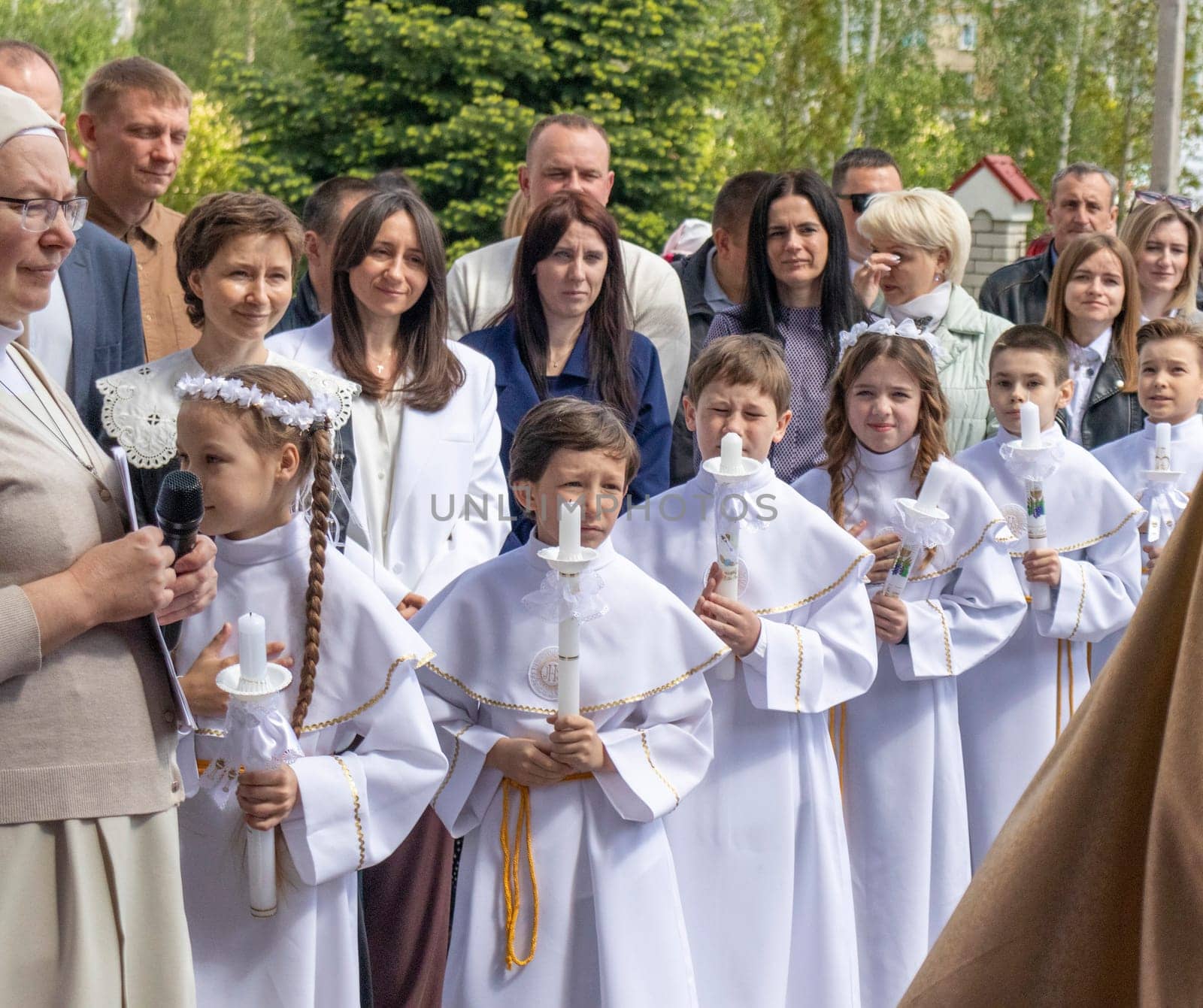 05.05.2024 - Brest, Belarus - People gathered for first communion mass at Roman catholic church.