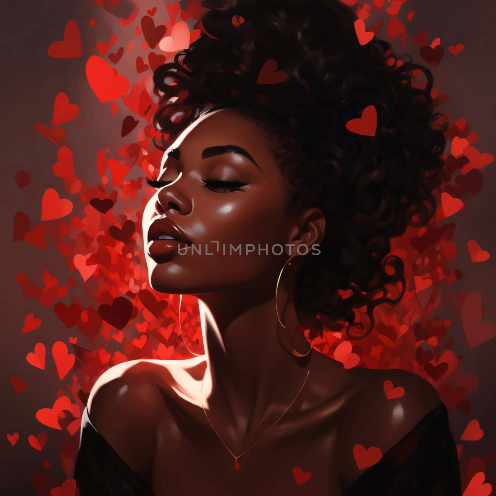 Black woman around her flying red Hearts. Heart as a symbol of affection and love. The time of falling in love and love.