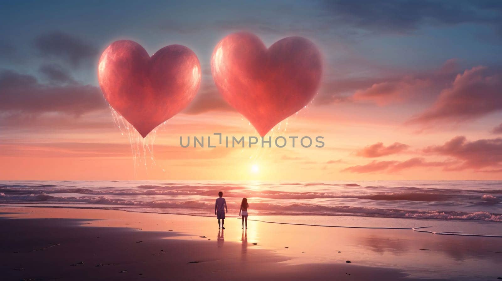 In love couple boy and girl on the beach at sunset above them hearts red balloons. Heart as a symbol of affection and love. The time of falling in love and love.