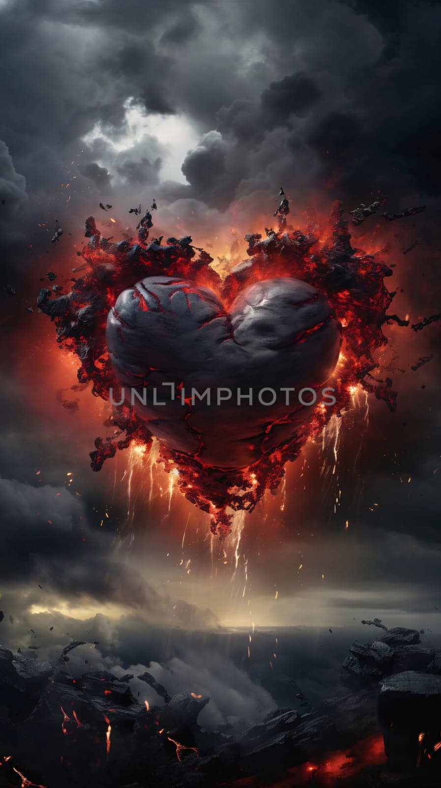 Black burning heart against a stormy sky. Heart as a symbol of affection and love. The time of falling in love and love.