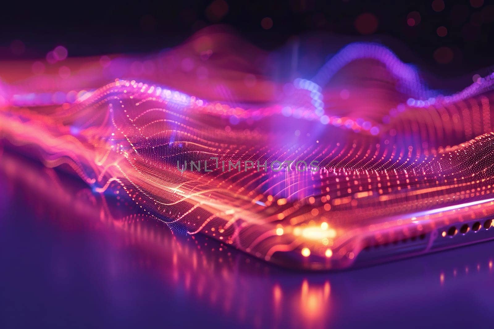 Close-up of a smartphone emitting electromagnetic waves. Smartphone screen with neon glow.