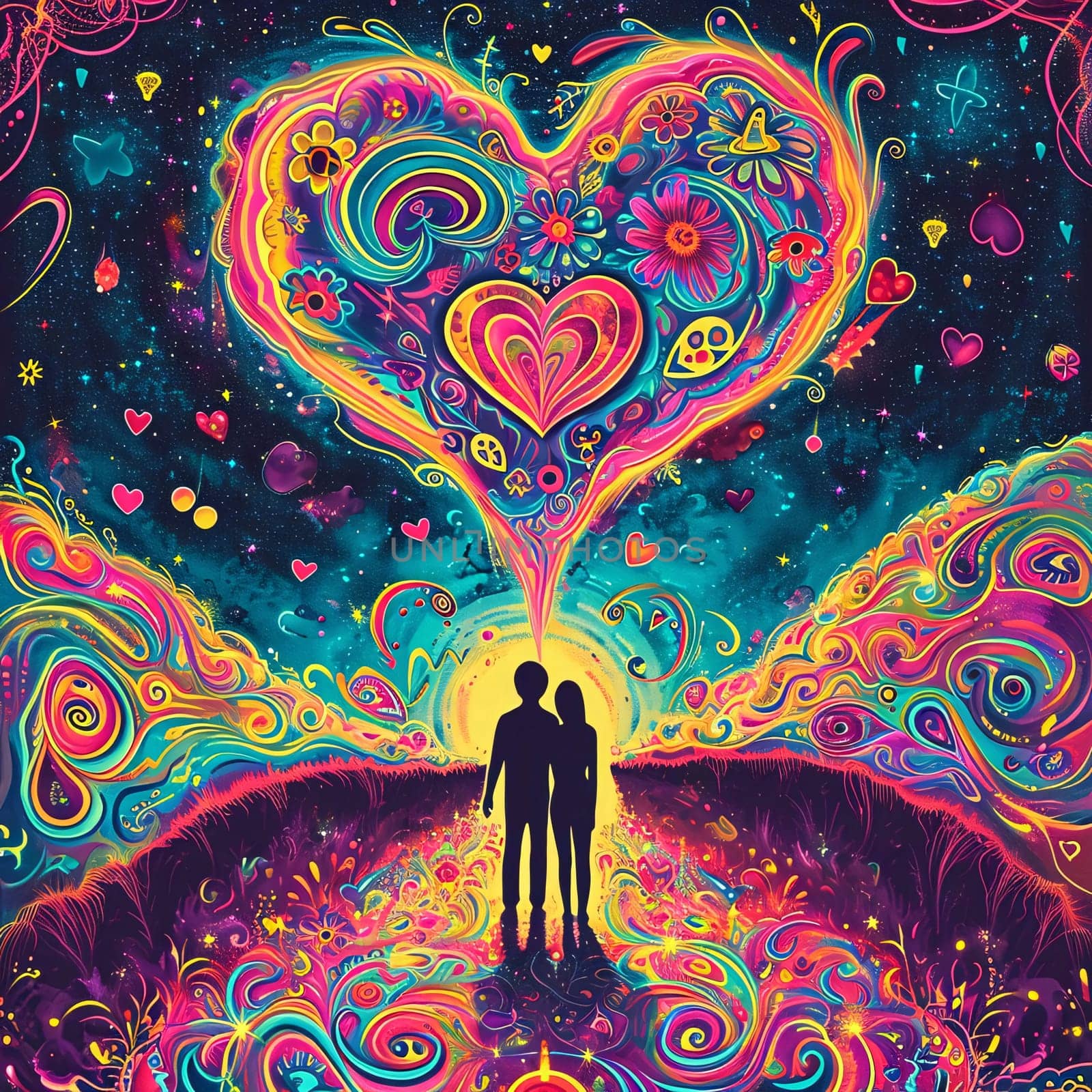 Colorful rainbow abstract illustration of a couple, in love around a heart. Heart as a symbol of affection and love. by ThemesS