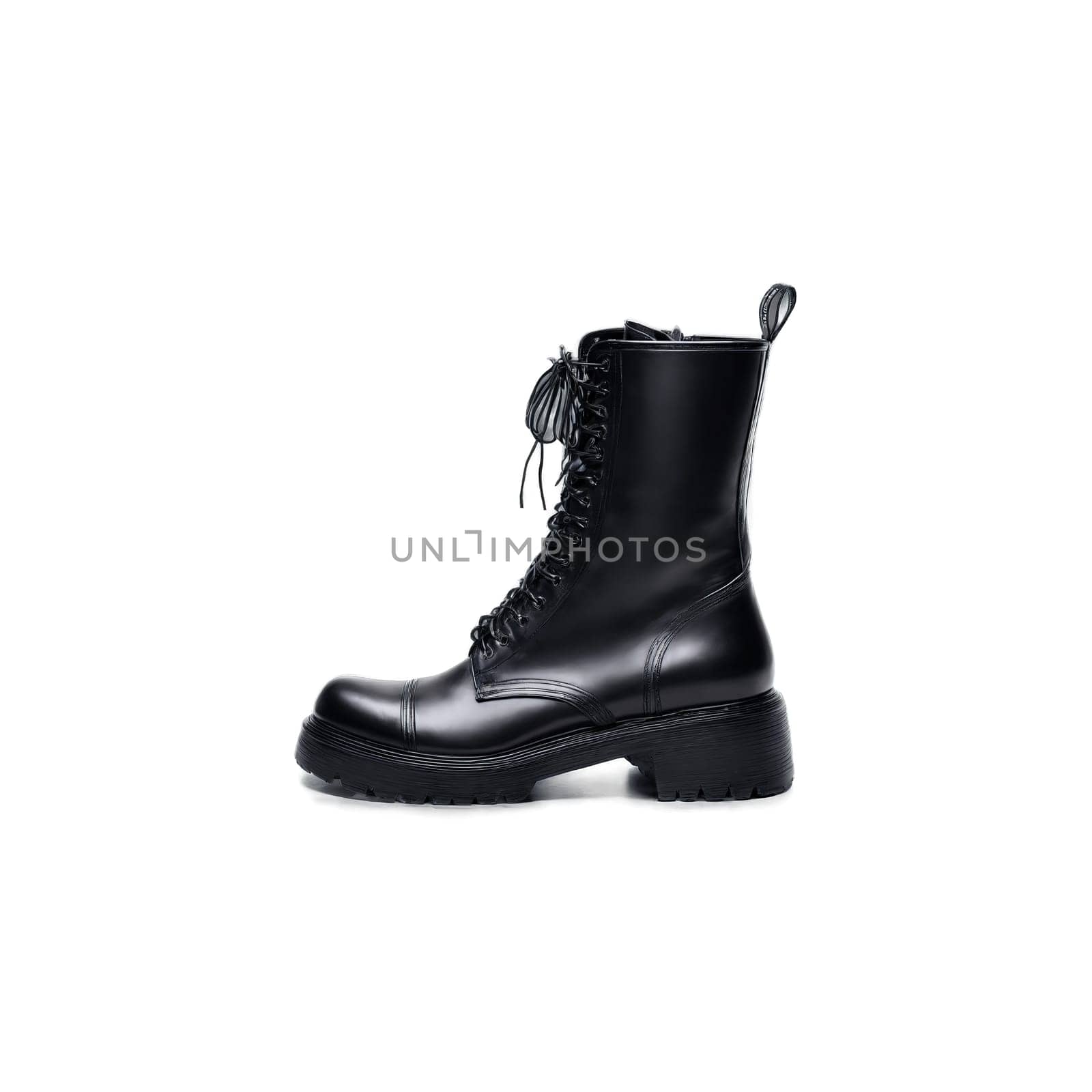 Edgy black combat boots Rugged black leather combat boots with a rounded toe lace up by panophotograph