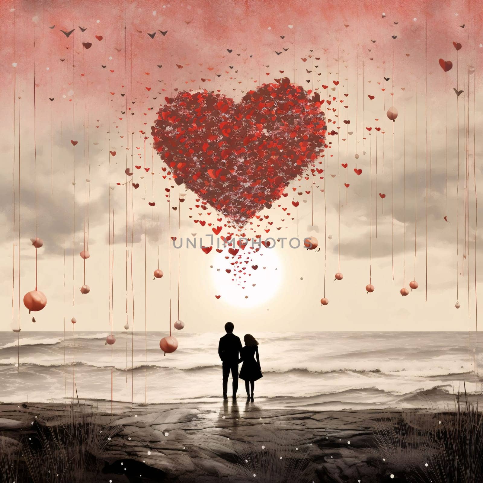 A couple in love standing under a large heart made of tiny hearts on a light background, with dry tree trunks all around. Heart as a symbol of affection and love. The time of falling in love and love.