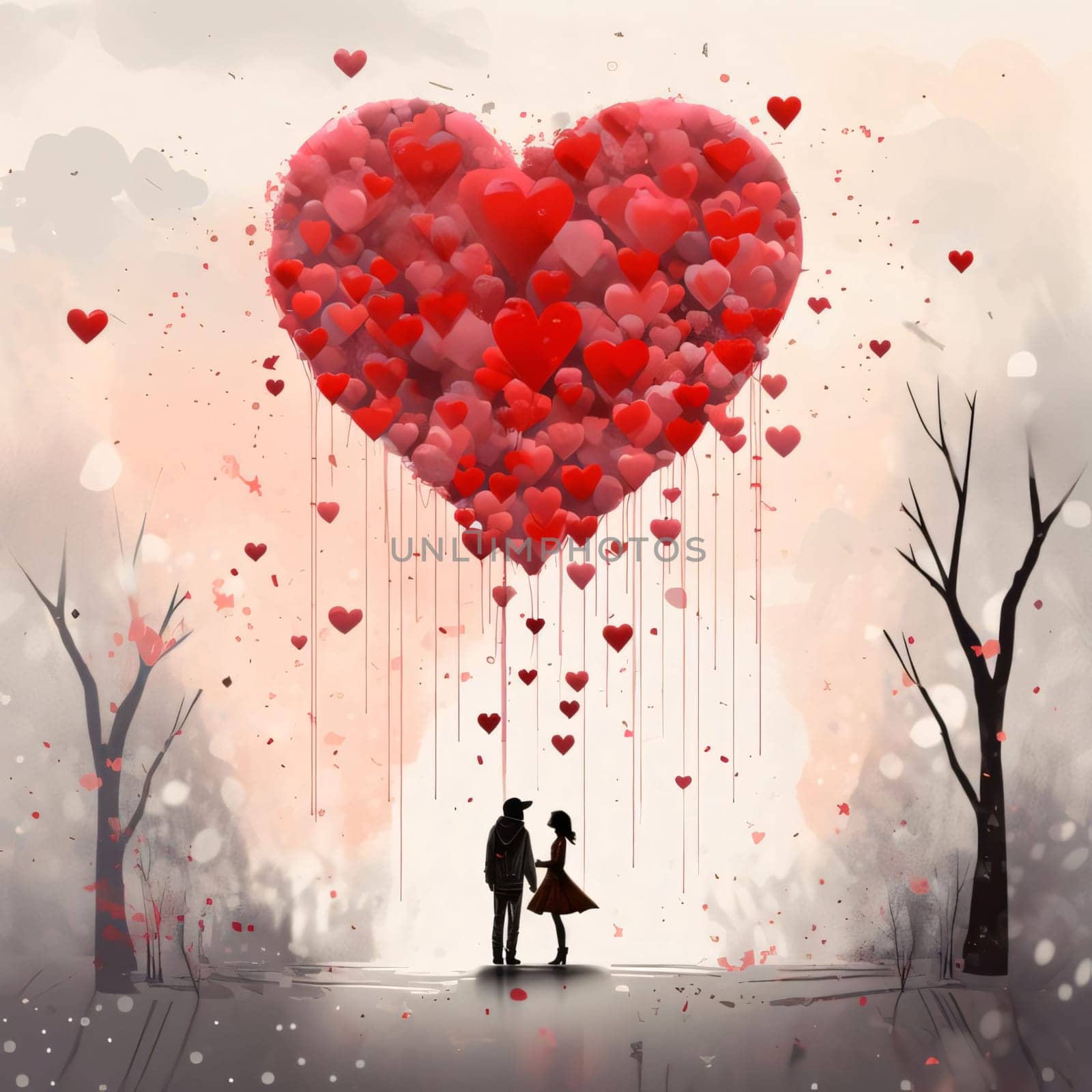 A couple in love standing under a large heart made of tiny hearts on a light background, with dry tree trunks all around. Heart as a symbol of affection and love. The time of falling in love and love.