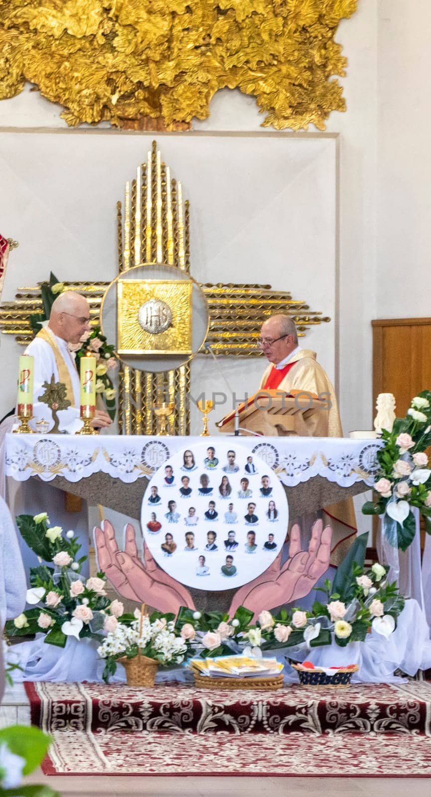 05.05.2024 - Brest, Belarus - People gathered for first communion mass at Roman catholic church.