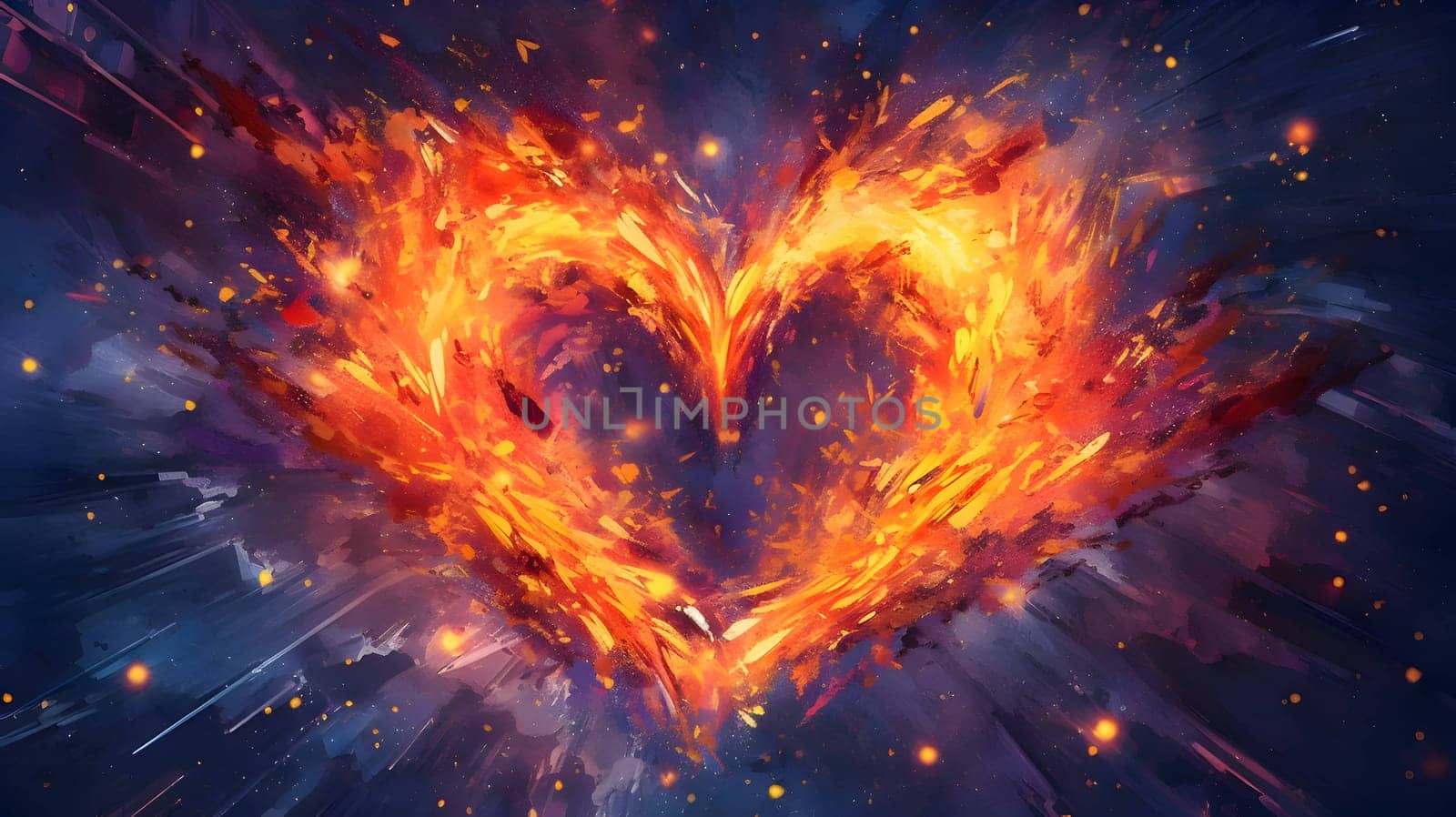 Large fiery flaming heart on a dark blue background by ThemesS