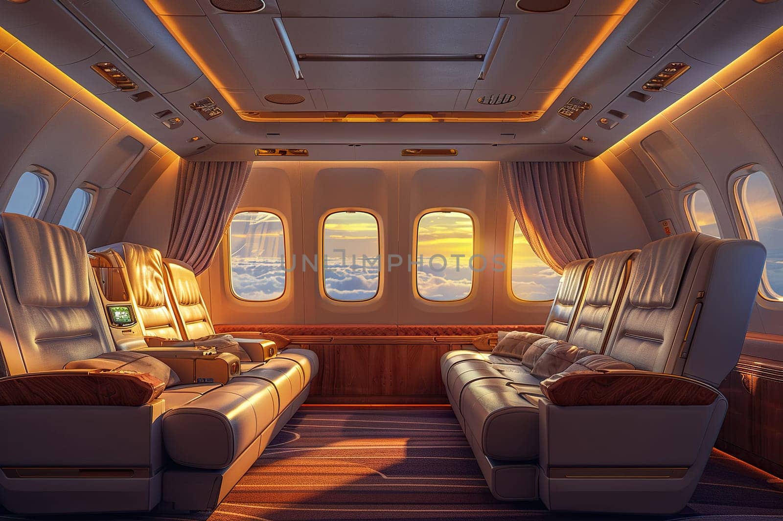 Airplane cabin interior with empty comfortable seats in business class with windows. Air transport.