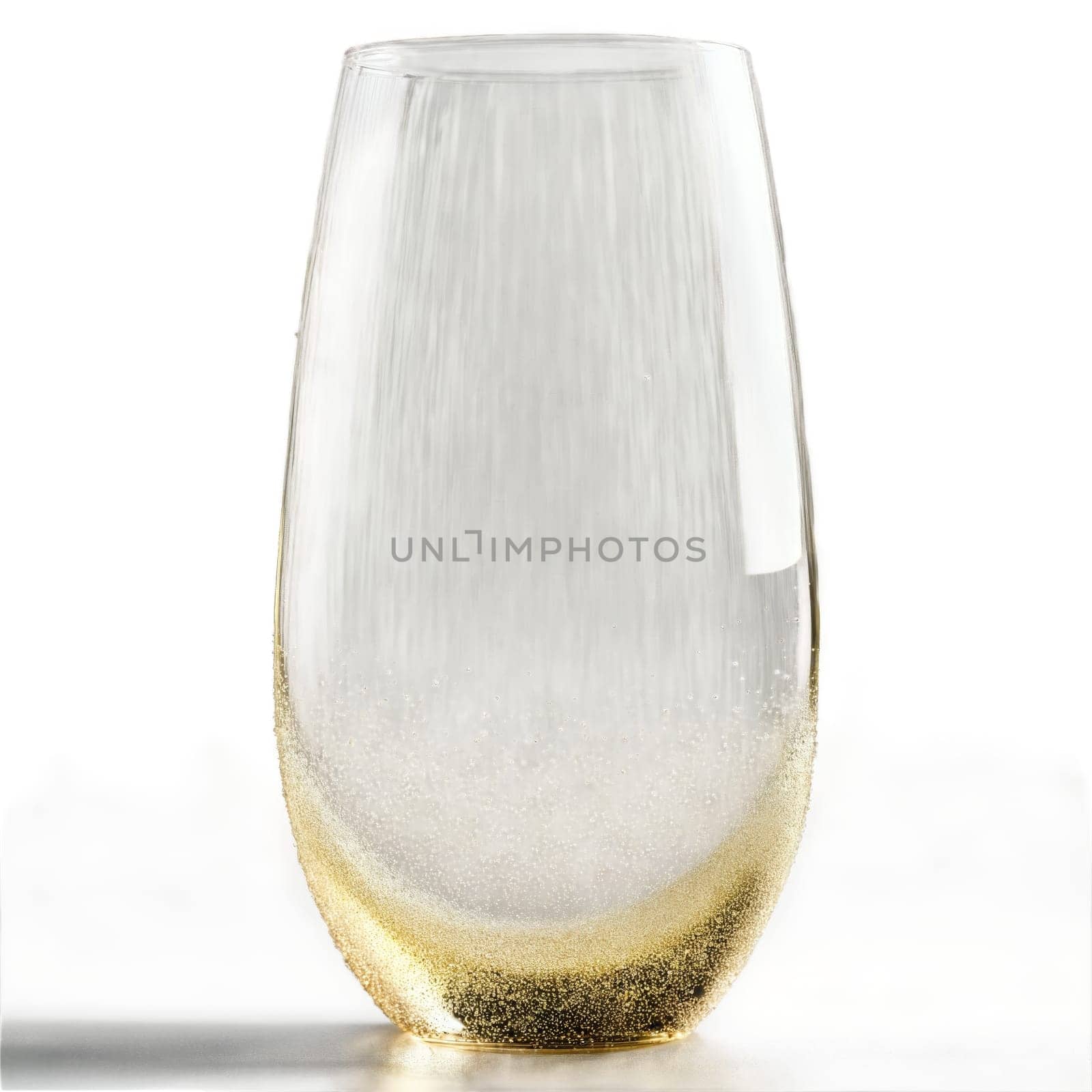 Modern stemless champagne flute clear cylindrical tumbler strings of bubbles in sparkling wine side view by panophotograph