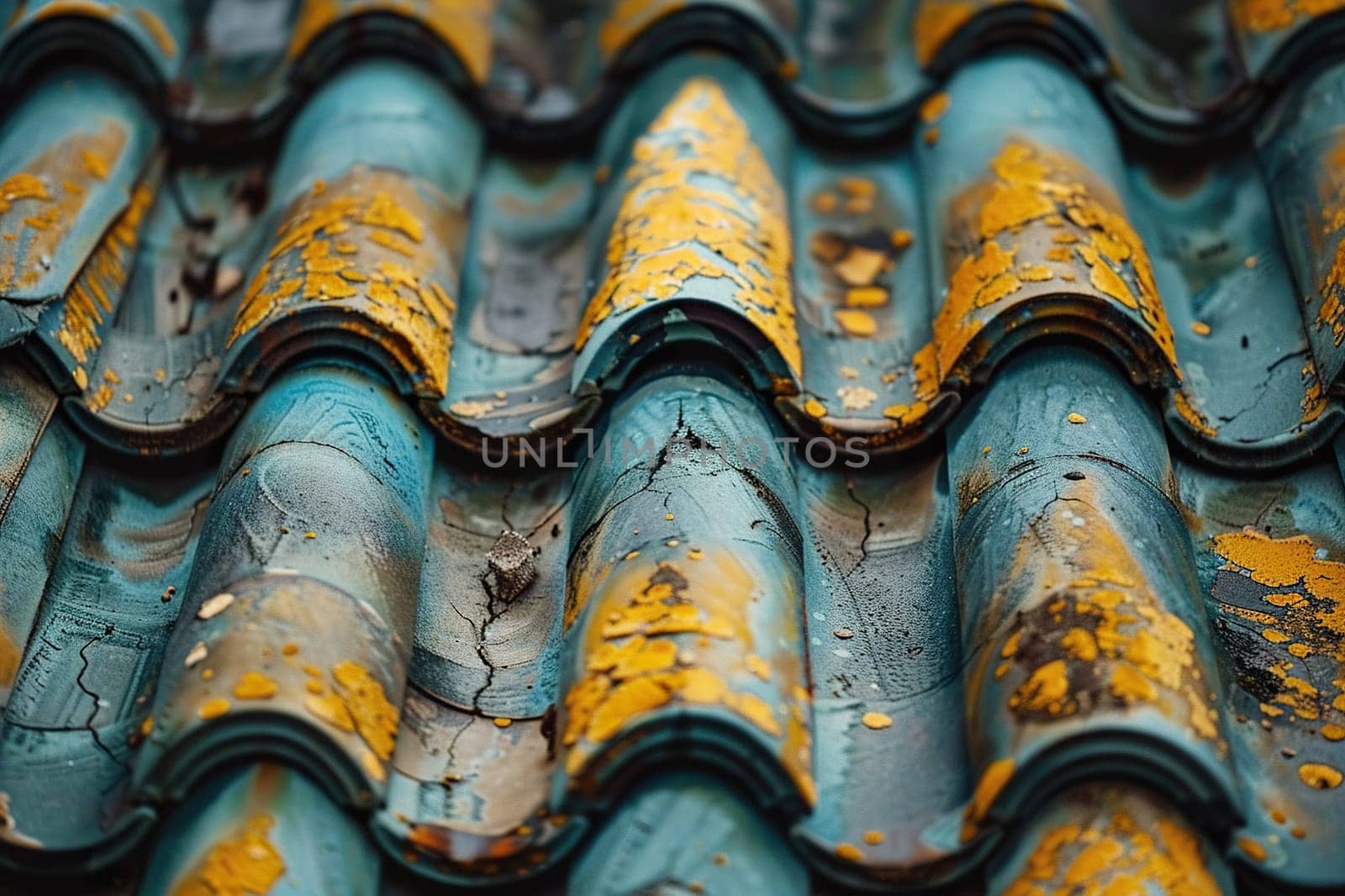 Close-up of an aged roof with rust on the metal. Generated by artificial intelligence by Vovmar