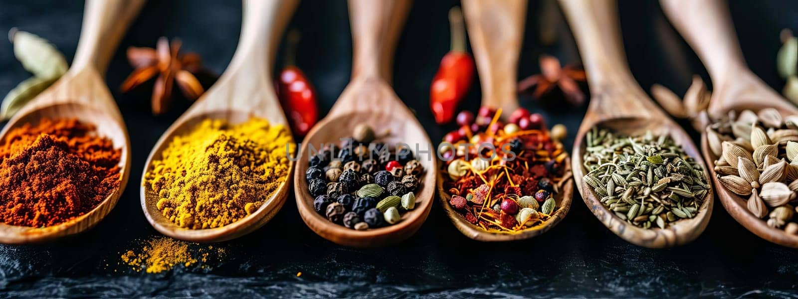 Assortment of spices and dry herbs. selective focus. Generative AI, by mila1784