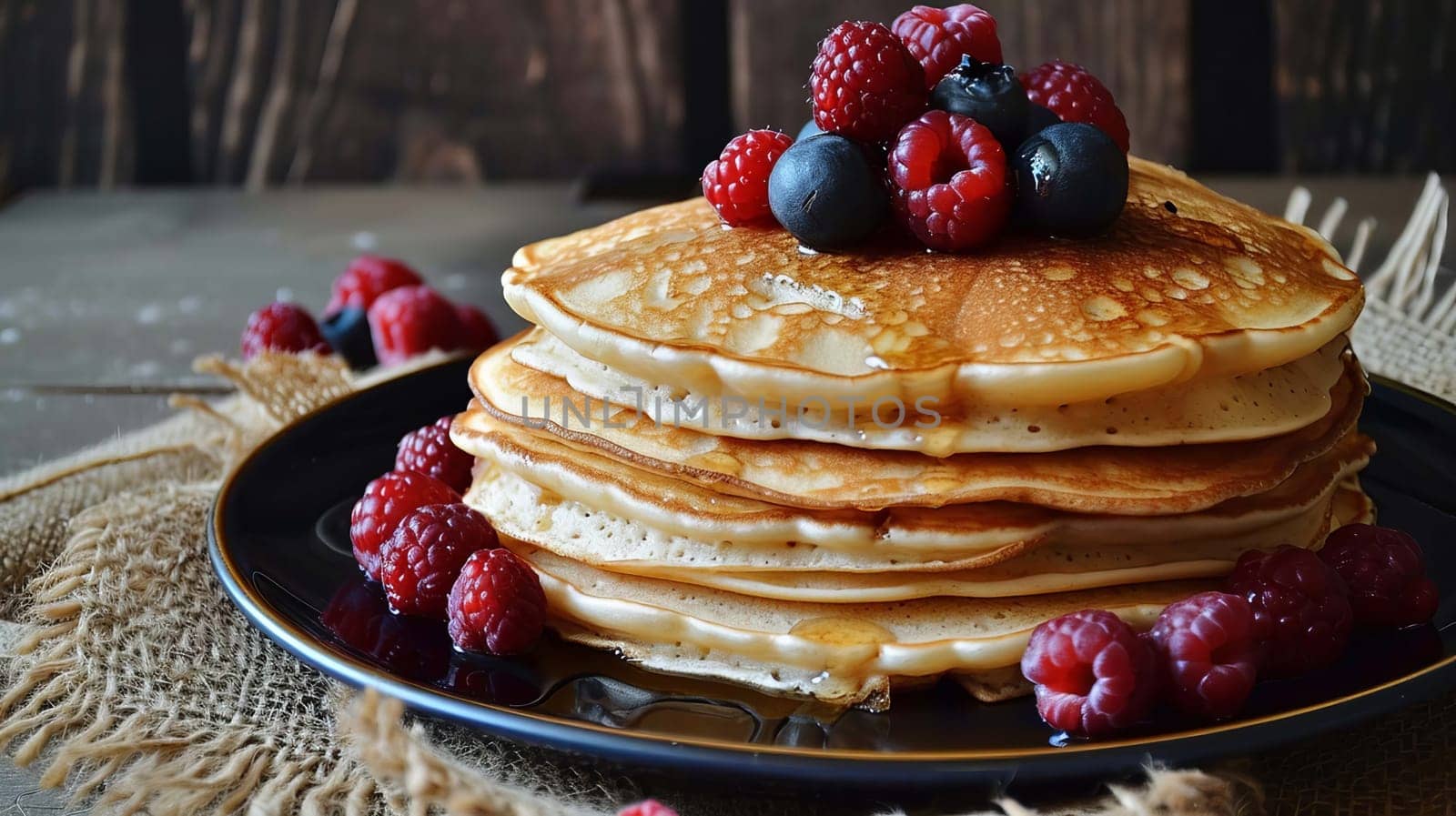 Delicious pancakes with berries, honey or maple syrup. selective focus. Generative AI, by mila1784