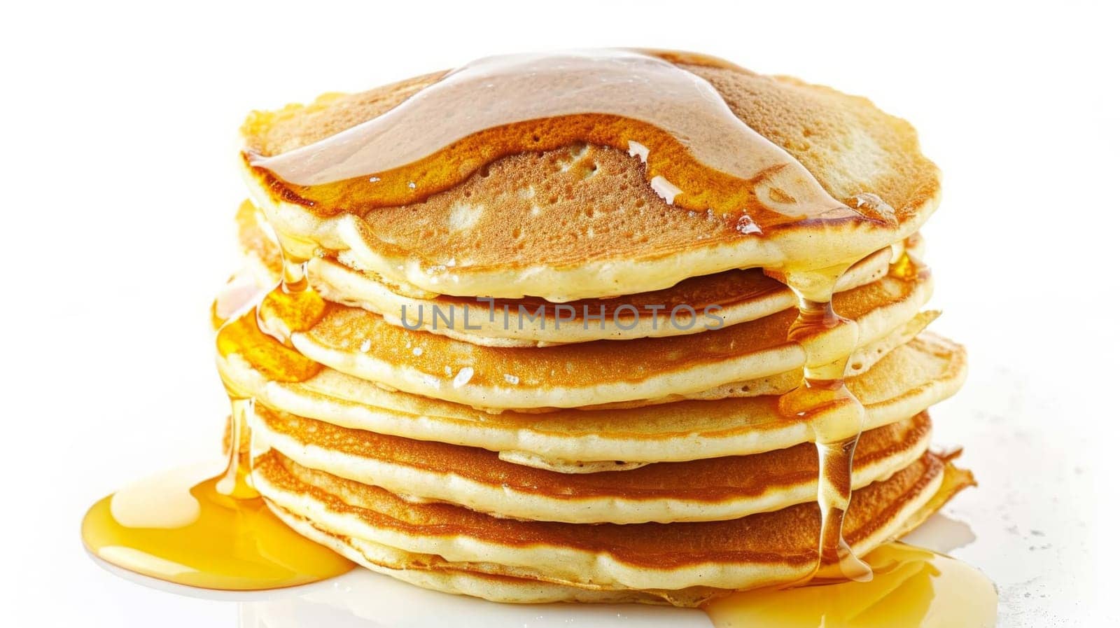 Delicious pancakes with berries, honey or maple syrup. food selective focus. Generative AI,