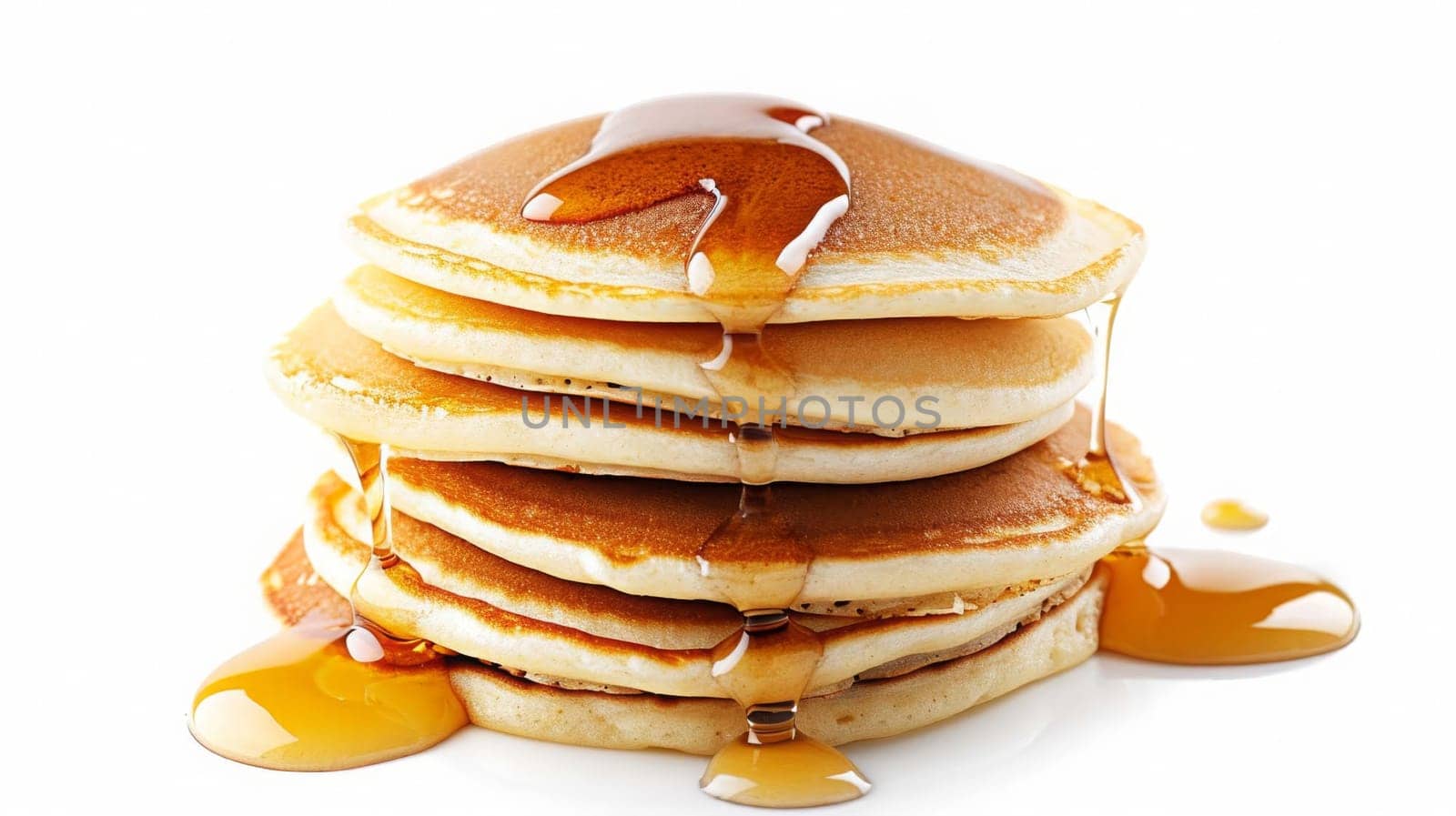 Delicious pancakes with berries, honey or maple syrup. food selective focus. Generative AI,