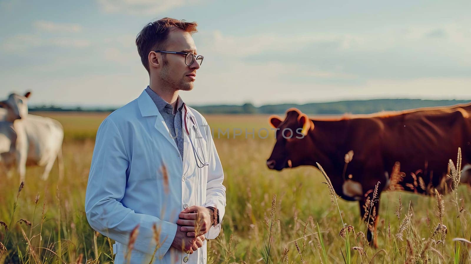 Veterinarian on a cow farm. Selective focus. Nature.