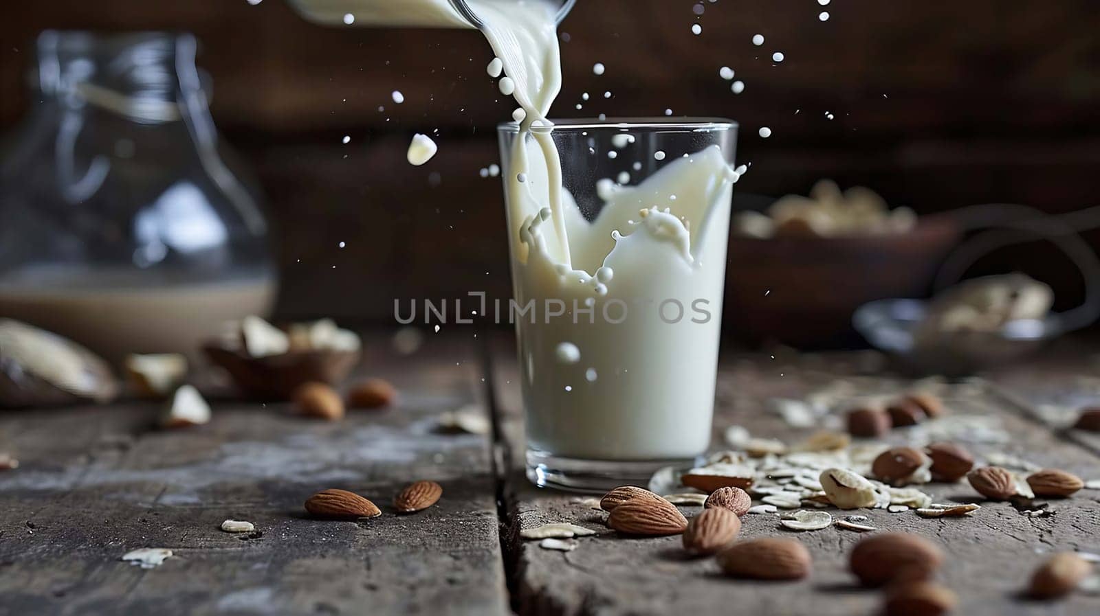 Almond milk in a glass. Selective focus. by mila1784