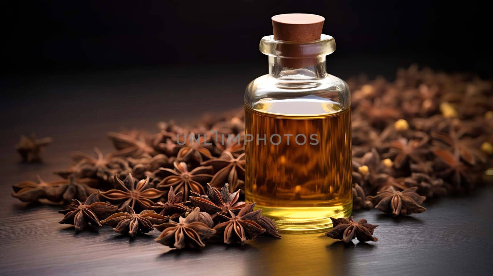 Star anise essential oil in bottle on wooden background. Nature Generative AI
