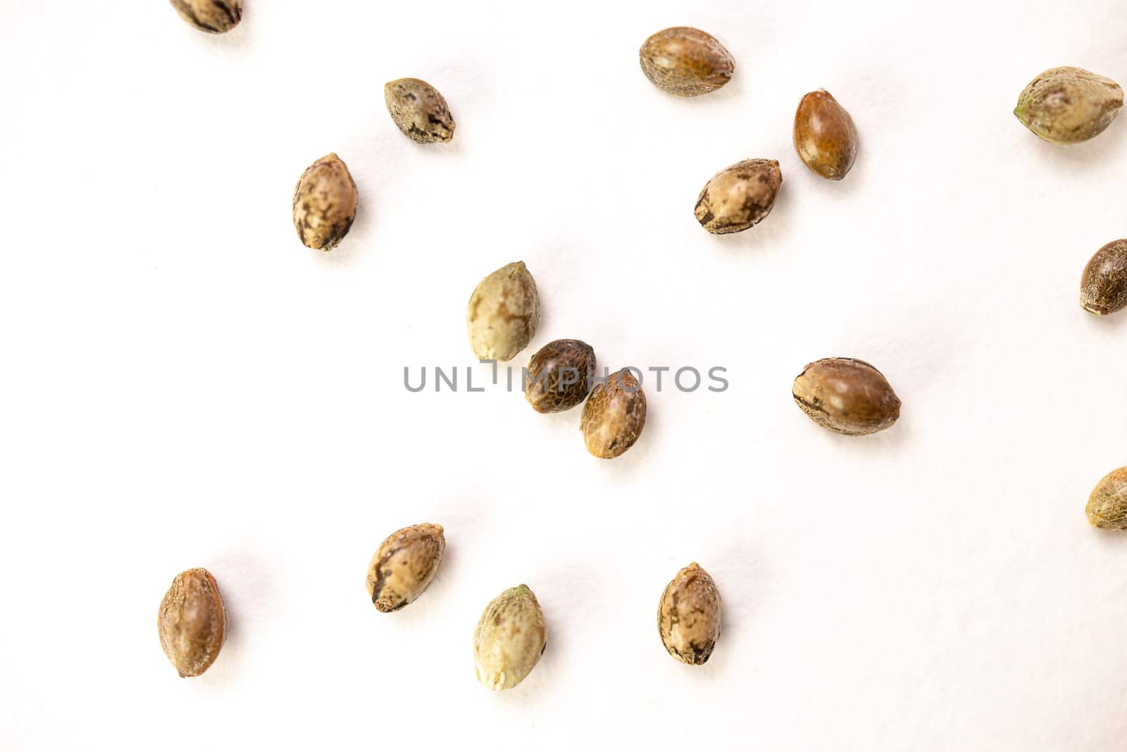 Hemp seeds on white background. top view by Pukhovskiy