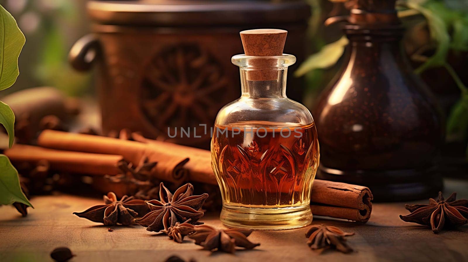 Star anise essential oil in bottle on wooden background. Nature Generative AI