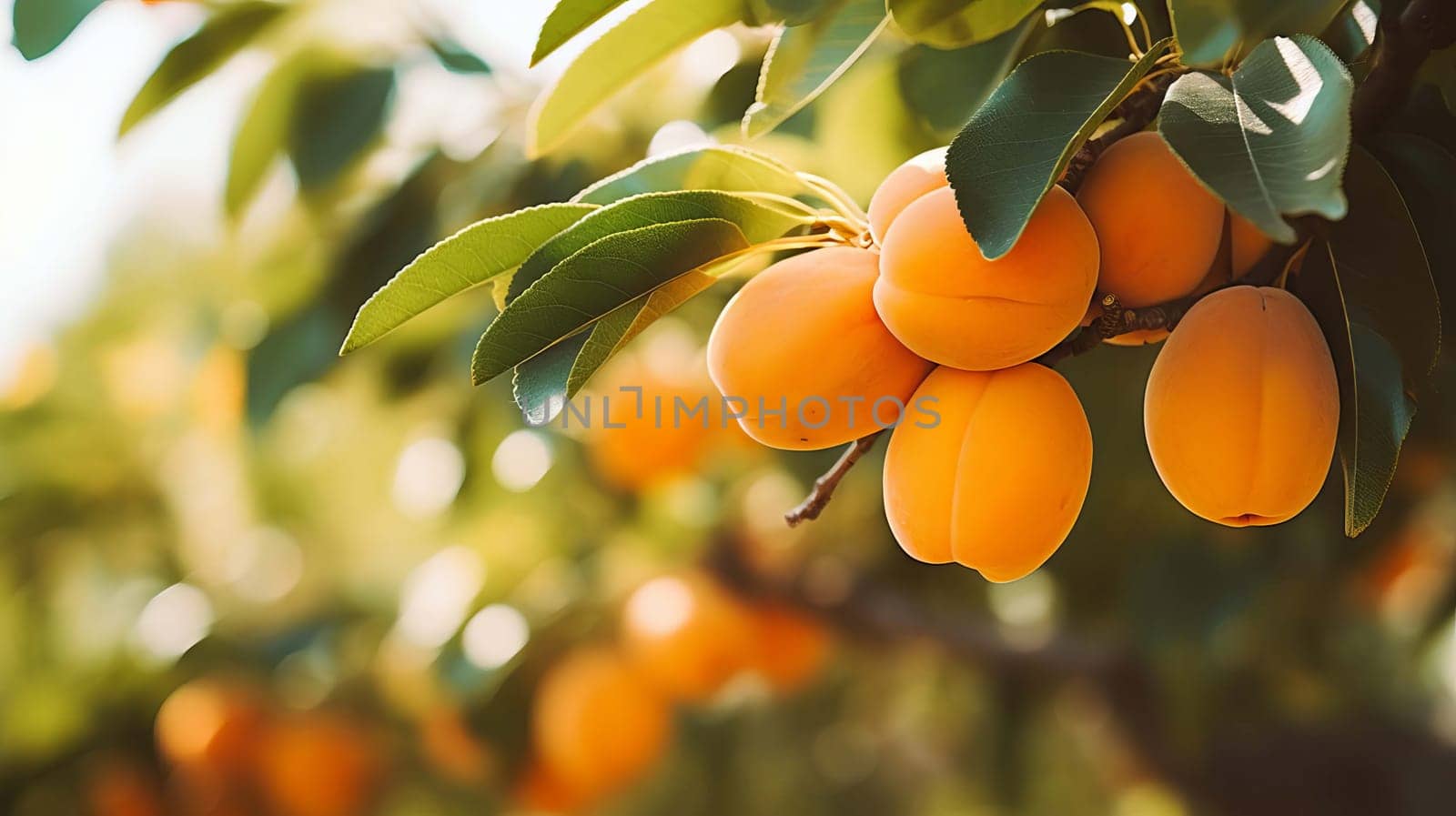 Apricot growing on a tree. Selective focus. Generative AI, by mila1784