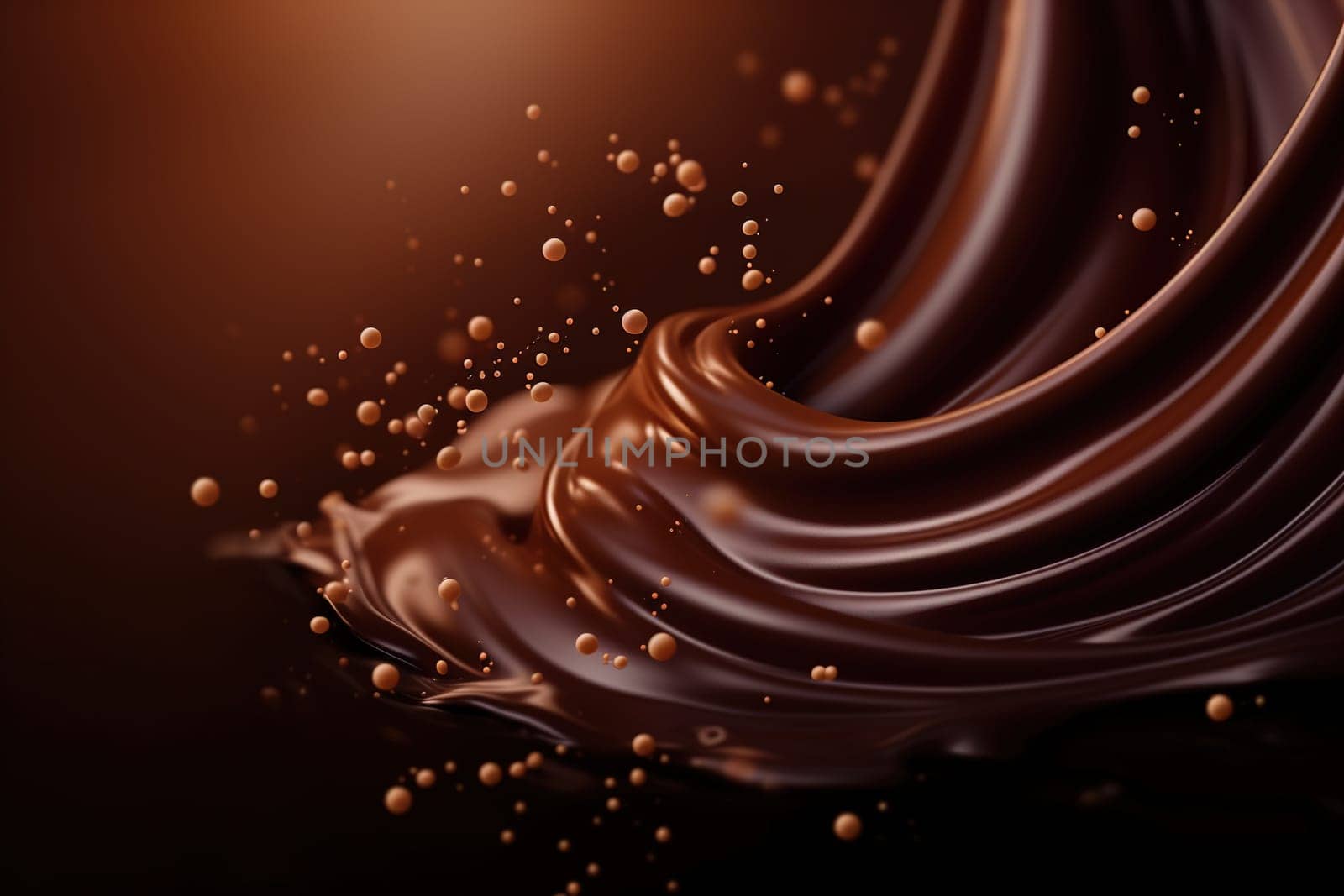 Dynamic swirls of molten chocolate with suspended droplets create a luxurious and captivating image, perfect for World Chocolate Day promotions and culinary art. Generative AI