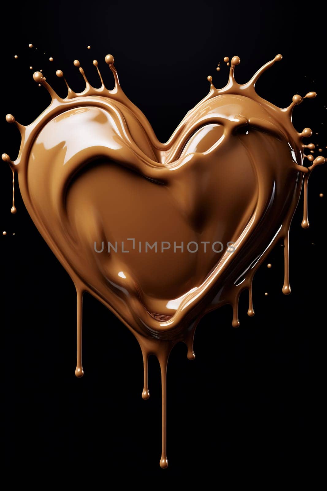 A captivating heart shaped splash of liquid chocolate against a dark background, symbolizing love and indulgence, perfect for World Chocolate Day and romantic themes. Generative AI. by creativebird