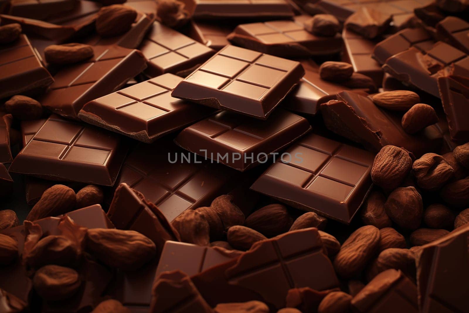 Rich, dark chocolate bars studded with an assortment of nuts, offering a luxurious and tempting visual for World Chocolate Day celebrations. Generative AI