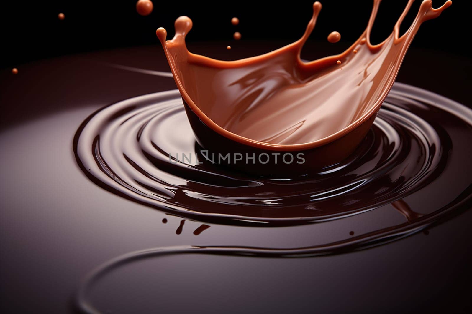 A mesmerizing splash of liquid chocolate creates ripples on a glossy surface, epitomizing indulgence and luxury, ideal for World Chocolate Day and culinary marketing. Generative AI. by creativebird