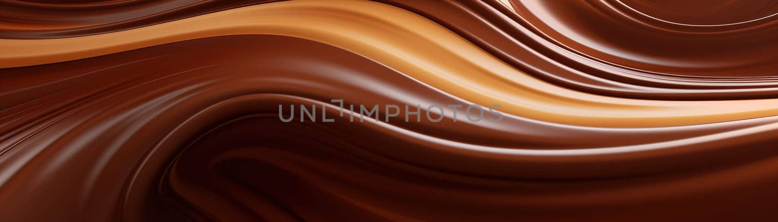 Luxurious flowing chocolate texture creates a visually captivating background, perfect for advertising, packaging, and World Chocolate Day promotions. Panoramic banner. Generative AI