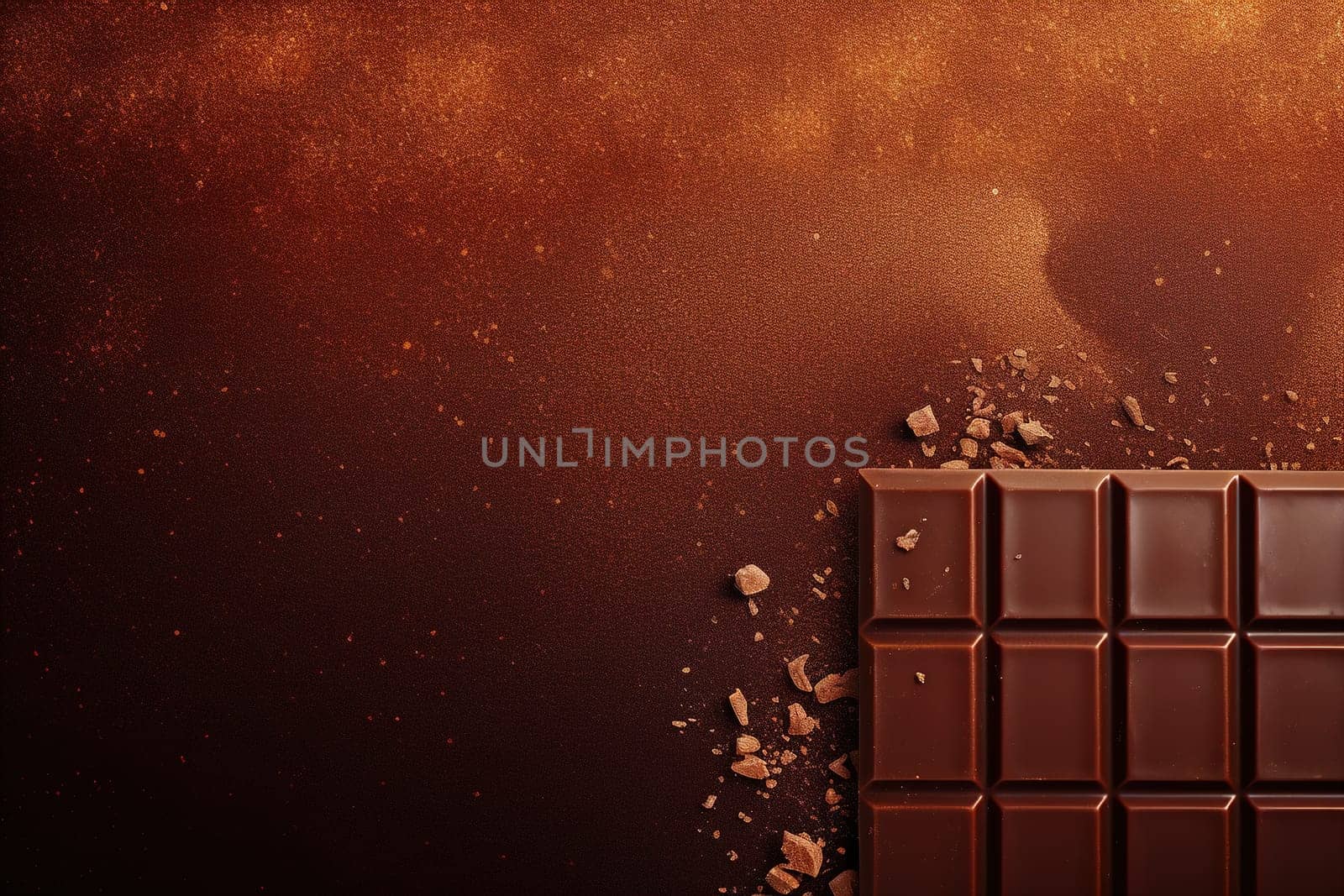 A luxurious chocolate bar rests on a textured, sparkling brown background, perfect for World Chocolate Day promotions, with ample space for text. Generative AI. by creativebird