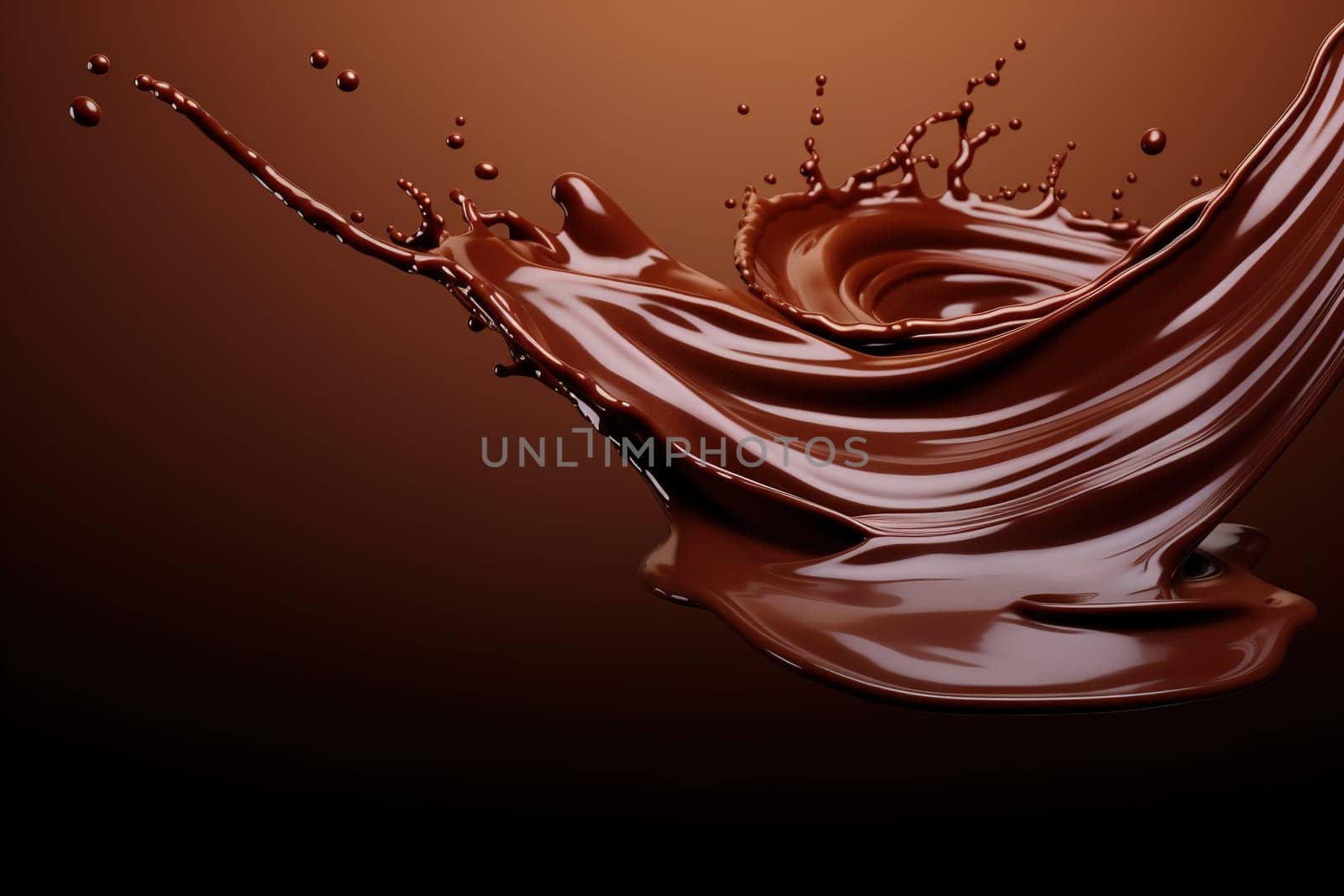 Dynamic swirls of molten chocolate with suspended droplets create a luxurious and captivating image, perfect for World Chocolate Day promotions and culinary art. Generative AI. by creativebird