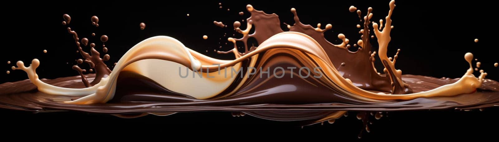 Dark and milk chocolate splashes in mid air against a dark backdrop, illustrating the beauty and fluidity of liquid chocolate. Ideal for culinary art and World Chocolate Day themes. Generative AI