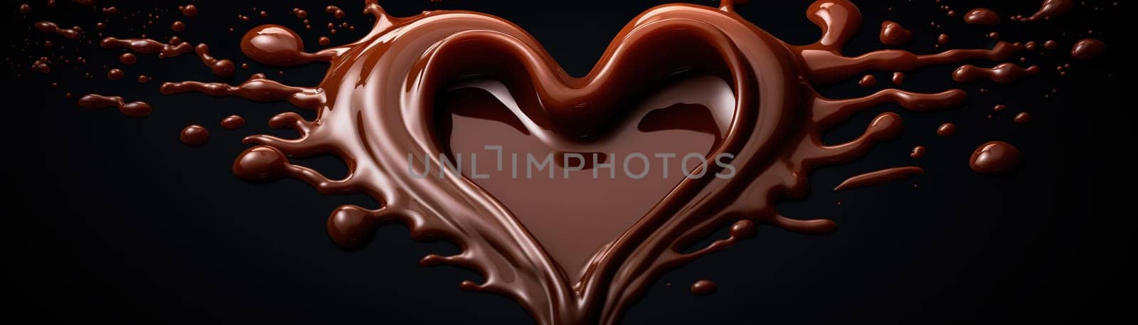 A captivating heart shaped splash of liquid chocolate against a dark background, symbolizing love and indulgence, perfect for World Chocolate Day and romantic themes. Panoramic banner. Generative AI