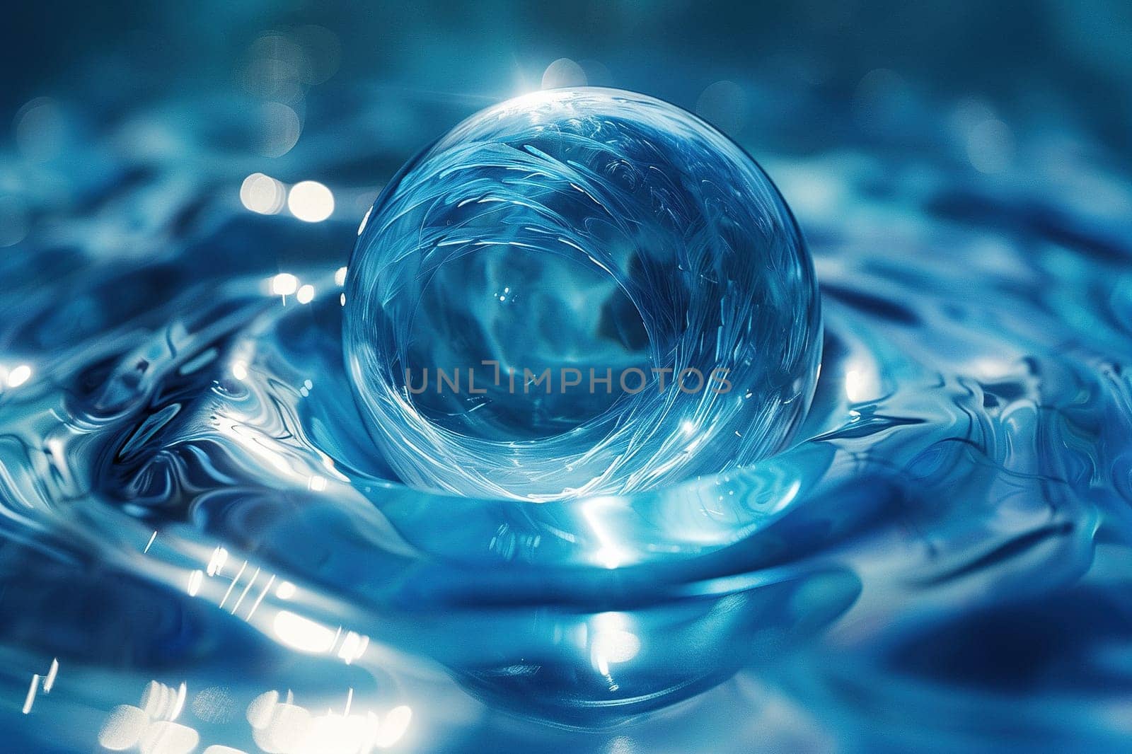 Glass blue sphere on a liquid blue surface.