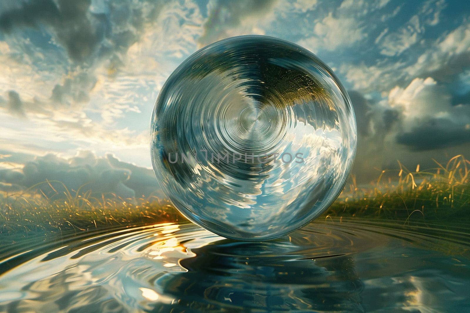 A transparent glass sphere with a reflection of the sky and grass on the water surface. Environment concept.