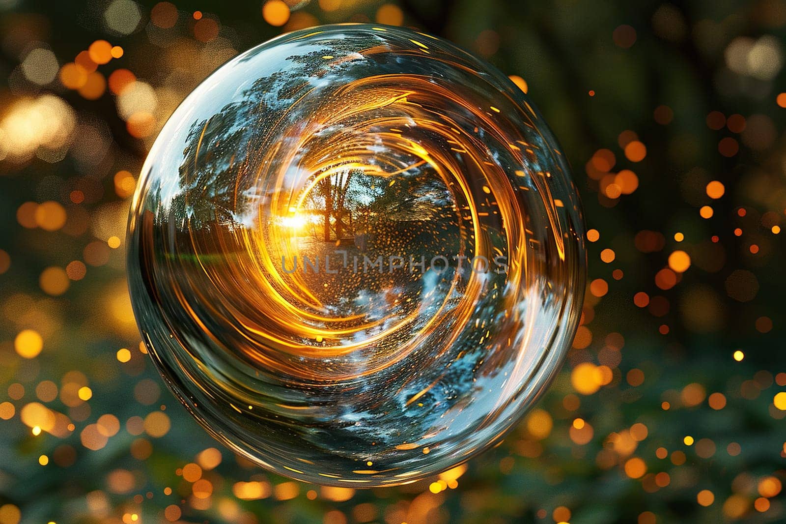 Transparent glass sphere with nature reflection against golden bokeh background. Environment concept. Generated by artificial intelligence by Vovmar