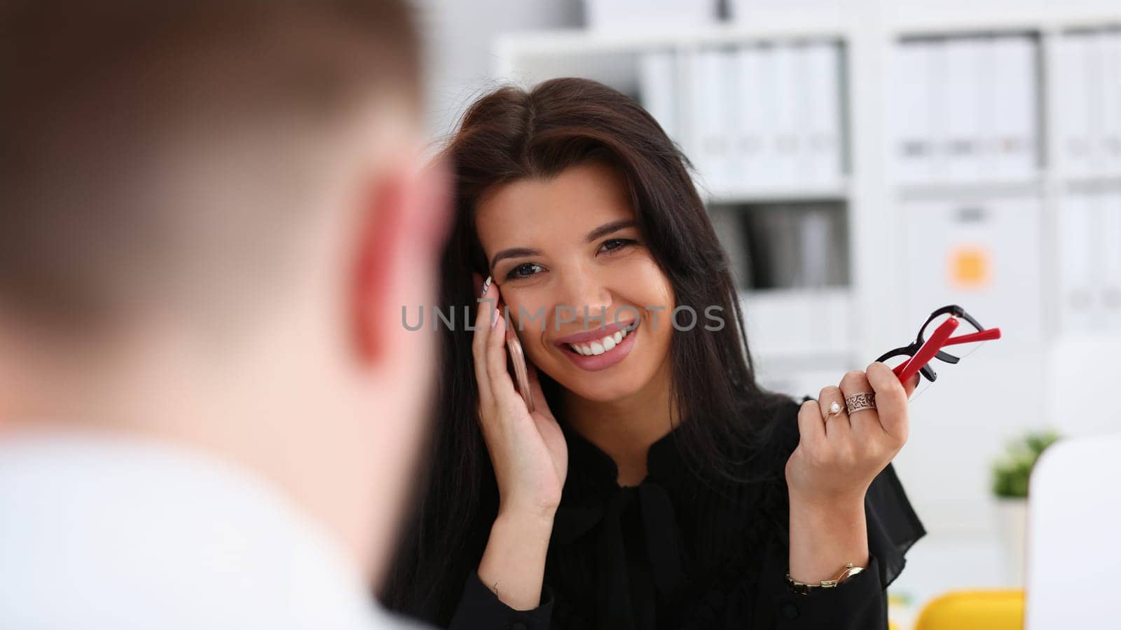 Beautiful brunette smiling businesswoman talk cellphone in office portrait. Stay in touch, negotiate meeting job, white collar busy life style, electronic device store, professional training concept