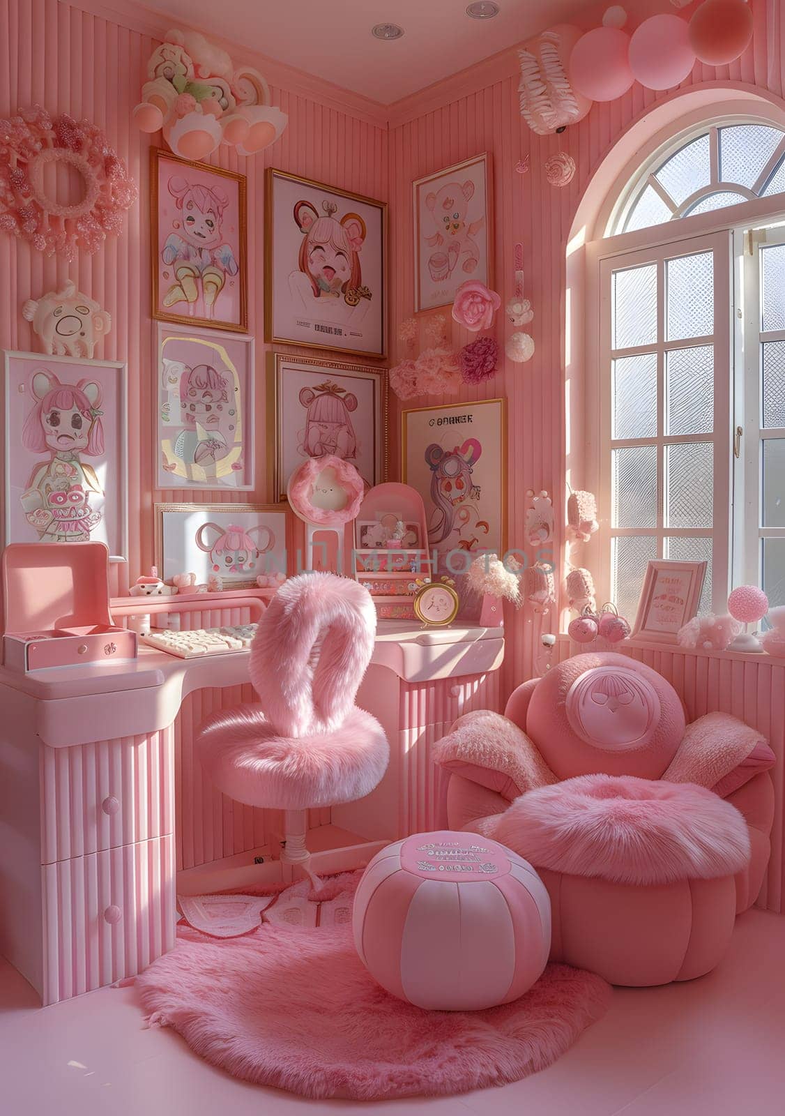 A magenta room filled with pink stuffed animals, complemented by wooden furniture, art pieces on the walls, and a large window letting in natural light