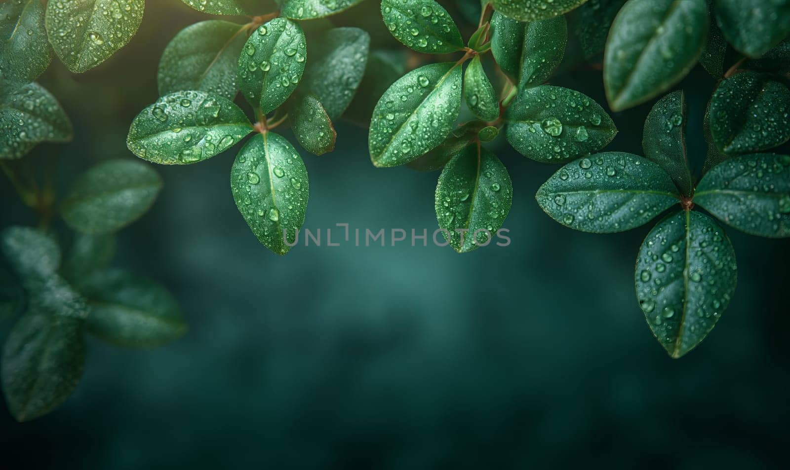 Water drops cling to vibrant green leaves in close-up shot.