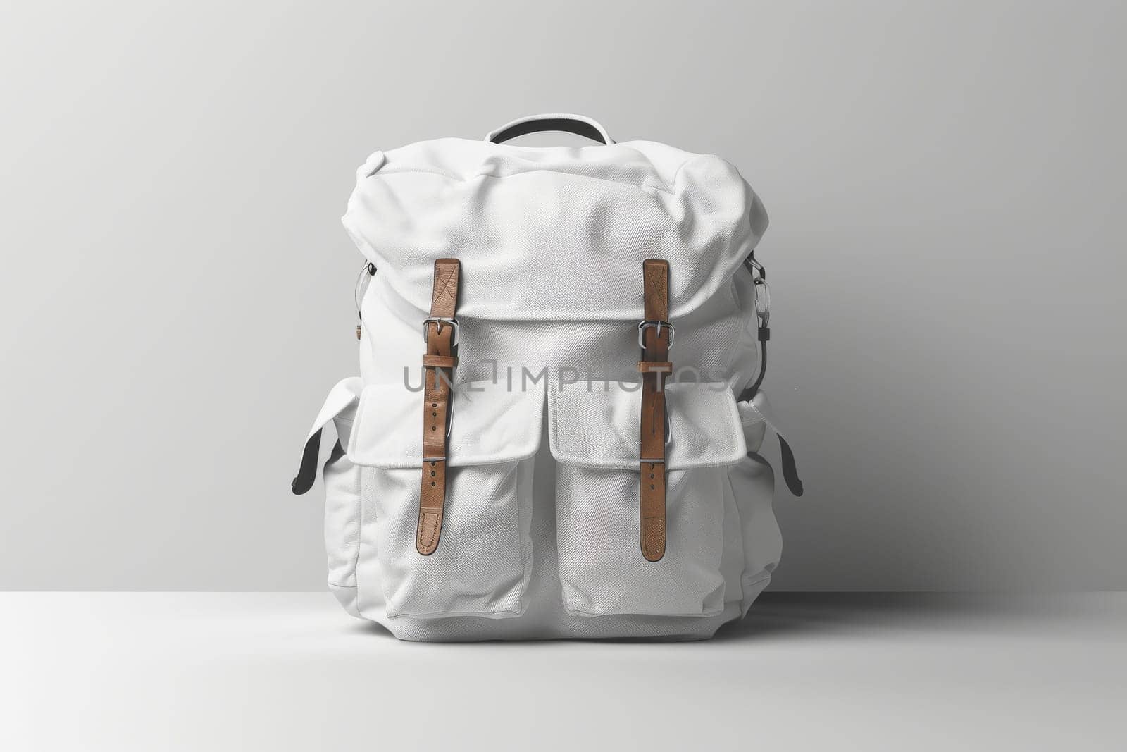 A white backpack with brown straps and a brown buckle. The straps are made of leather and the buckle is made of metal