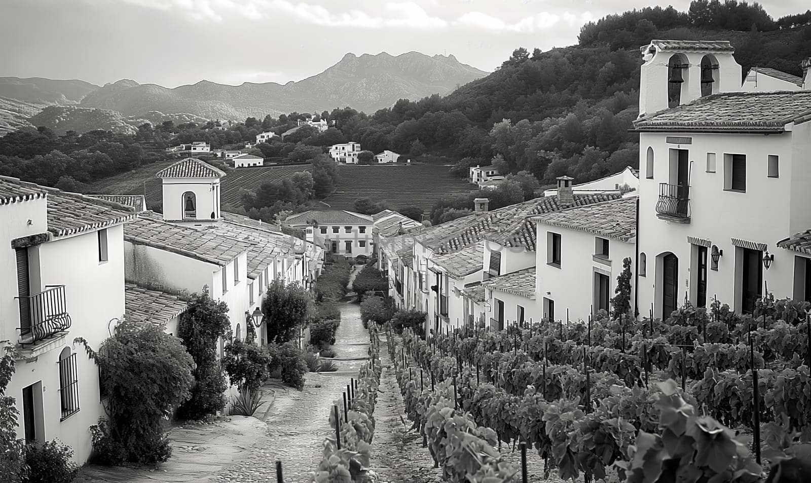 Cobblestone road winding through tranquil village