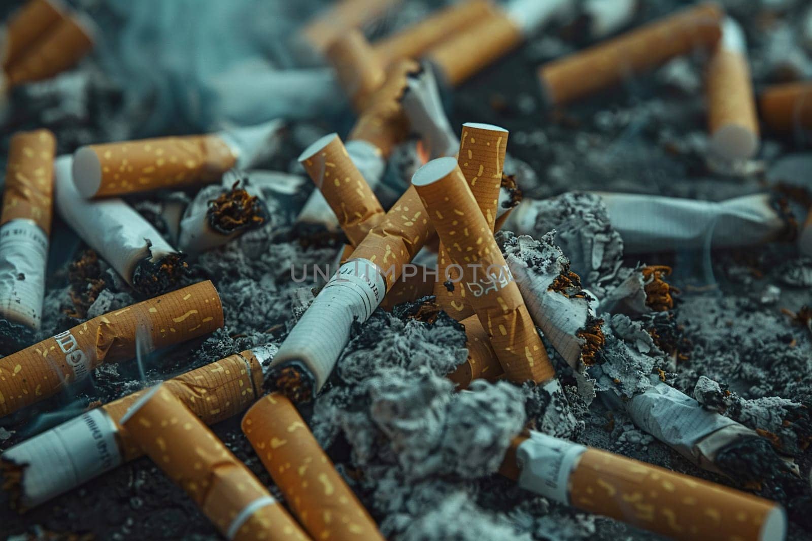 Close-up of cigarette butts with smoke and ash. Generated by artificial intelligence by Vovmar