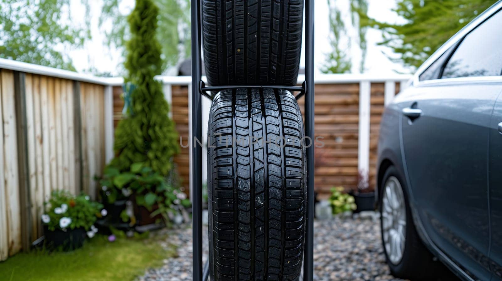 Car tires are vertically stacked in a residential outdoor setting, providing a contrast between the automotive elements and the greenery of a home garden. The tires are showcased in daylight