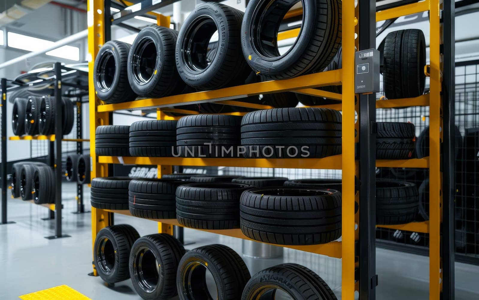 A modern warehouse interior filled with yellow racks holding an array of car tires, highlighting an efficient and organized storage system for automotive parts