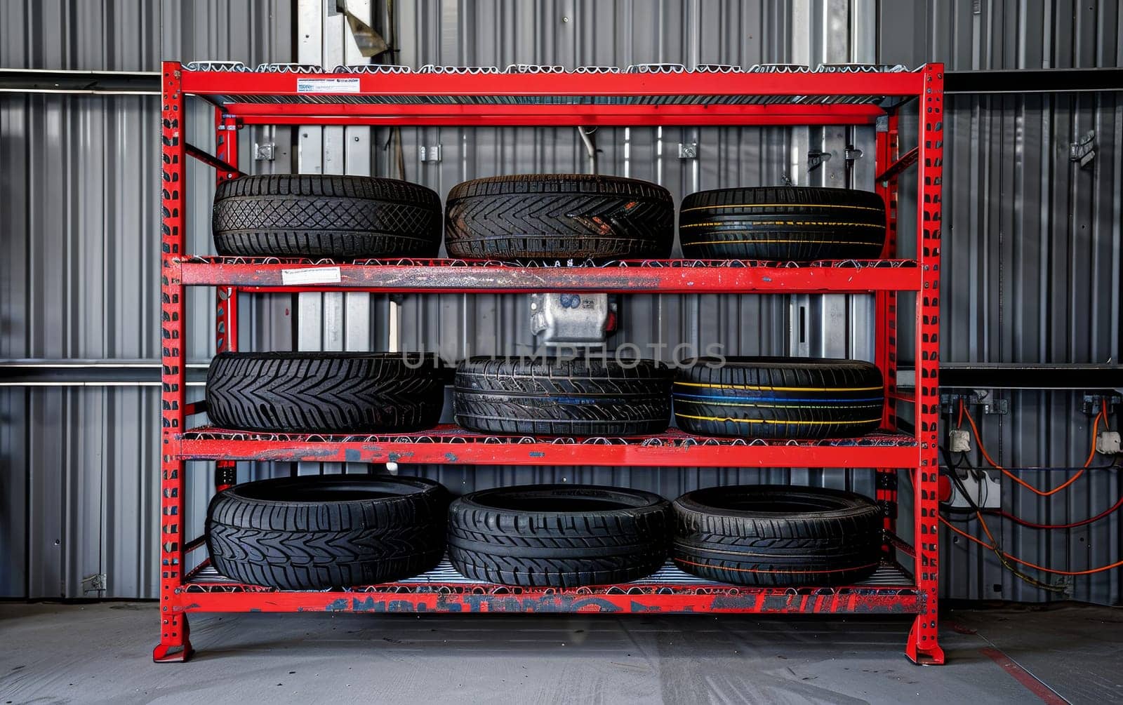 A vibrant red rack filled with car tires stands prominently in an automotive repair facility, the bold color signifying urgency and importance in vehicle maintenance and safety. by sfinks